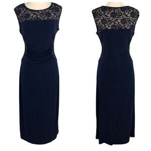 Carlalite Slinky Illusion Ruched Dress Sleeveless Boat Neck Size Large Blue